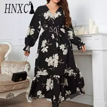 HNXC Женские модные осенние платья с цветочным принтом и длинным рукавом с v-образным вырезом и высокой талией, повседневные платья