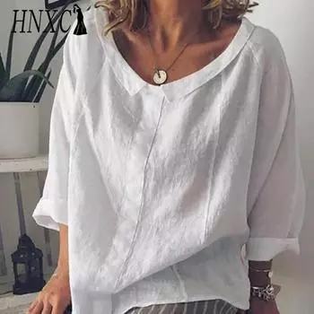 HNXC Женские модные повседневные блузки и рубашки с принтом однотонного цвета и длинным рукавом S белый