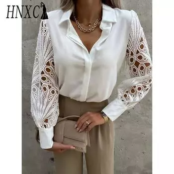 HNXC Женские модные повседневные блузки и рубашки с принтом однотонного цвета, с длинным рукавом и воротником поло S белый