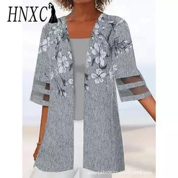 HNXC Женские модные повседневные кардиганы с цветочным принтом на осень-зиму с рукавами 3/4 S