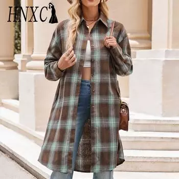 HNXC Женские модные повседневные клетчатые кардиганы с принтом осень-зима с длинными рукавами и воротником-поло S зелёный