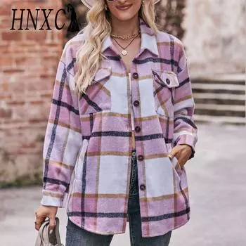 HNXC Женские модные повседневные клетчатые кардиганы с принтом осень-зима с длинными рукавами и воротником-поло