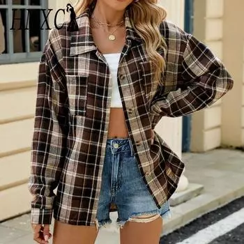 HNXC Женские модные повседневные клетчатые кардиганы с принтом осень-зима с длинными рукавами и воротником-поло S розовый