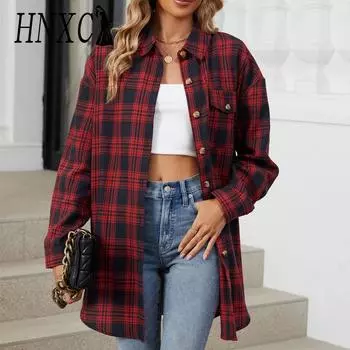 HNXC Женские модные повседневные клетчатые кардиганы с принтом осень-зима с длинными рукавами и воротником-поло S розовый