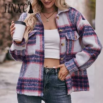 HNXC женские модные повседневные клетчатые принты осень-зима с длинным рукавом ПОЛО шеи кардиганы пальто