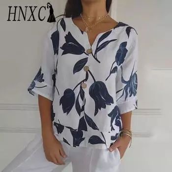 HNXC Женские модные повседневные летние блузки и рубашки с v-образным вырезом и рукавами 2/1 с цветочным принтом S белый