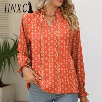 HNXC Женские модные повседневные летние блузки и рубашки с v-образным вырезом и длинным рукавом с цветочным принтом S красный