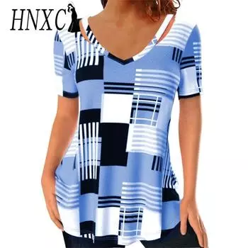 HNXC Женские модные повседневные летние блузки и рубашки с v-образным вырезом и короткими рукавами в полоску с принтом S синий
