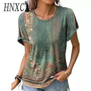 HNXC Женские модные повседневные летние блузки и рубашки с круглым вырезом и короткими рукавами с цветочным принтом S зелёный