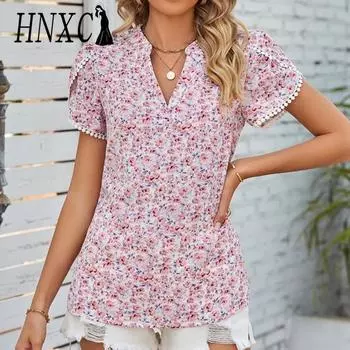 HNXC Женские модные повседневные летние блузки и рубашки с v-образным вырезом и короткими рукавами с цветочным принтом S оранжевый