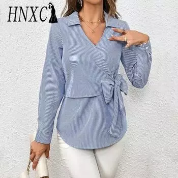 HNXC Женские модные повседневные летние блузки и рубашки с v-образным вырезом и длинными рукавами в полоску с принтом S серый