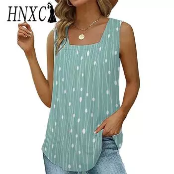 HNXC Женские модные повседневные летние блузки и рубашки без рукавов с квадратным воротником и принтом в горошек S серый
