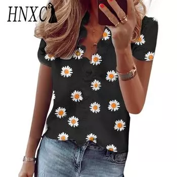 HNXC Женские модные повседневные летние блузки и рубашки с v-образным вырезом и короткими рукавами с цветочным принтом S чёрный