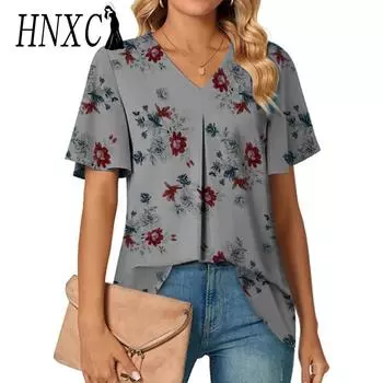 HNXC Женские модные повседневные летние блузки и рубашки с v-образным вырезом и короткими рукавами с цветочным принтом S белый