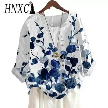 HNXC Женские модные повседневные летние блузки и рубашки с круглым вырезом и короткими рукавами с цветочным принтом S