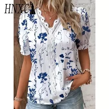 HNXC Женские модные повседневные летние блузки и рубашки с v-образным вырезом и короткими рукавами с цветочным принтом S