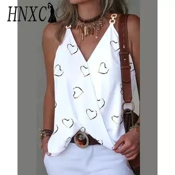 HNXC Женская мода Повседневные летние блузки и рубашки без рукавов с V-образным вырезом S белый