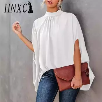 HNXC Женские модные повседневные летние блузки и рубашки с коротким рукавом и воротником-полуводолазкой S белый