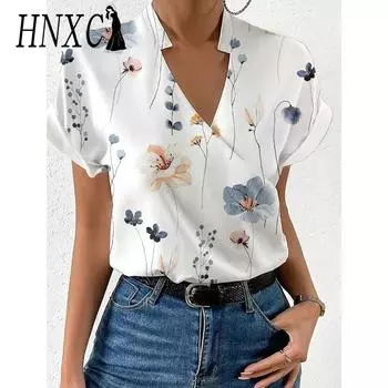 HNXC Женские модные повседневные летние блузки и рубашки с v-образным вырезом и короткими рукавами с цветочным принтом S