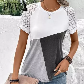 HNXC Женские модные повседневные летние блузки и рубашки с короткими рукавами и круглым вырезом S розовый