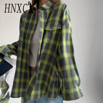 HNXC Женские модные повседневные летние клетчатые блузки и рубашки с длинными рукавами и воротником-поло с принтом