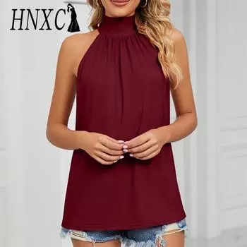 HNXC женские модные повседневные летние однотонные блузки и рубашки без рукавов с полуводолазкой и принтом S чёрный