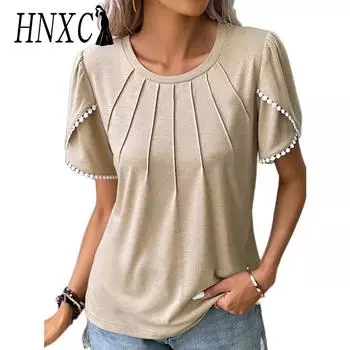 HNXC женские модные повседневные летние однотонные блузки и рубашки с короткими рукавами и круглым вырезом с принтом S хаки