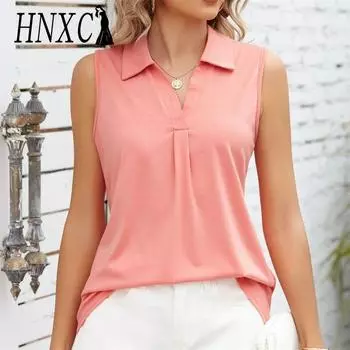 HNXC Женские модные повседневные летние однотонные блузки и рубашки без рукавов с воротником-поло с принтом S серый