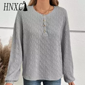 HNXC Женские модные повседневные летние однотонные блузки и рубашки с круглым вырезом и длинными рукавами с принтом S белый