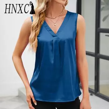 HNXC женские модные повседневные летние однотонные блузки и рубашки без рукавов с v-образным вырезом и принтом