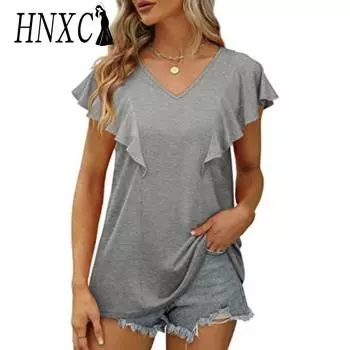 HNXC Женские модные повседневные летние однотонные блузки и рубашки с короткими рукавами и v-образным вырезом с принтом S белый