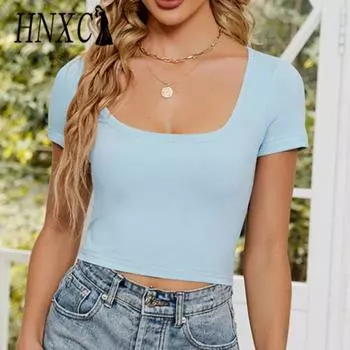 HNXC женские модные повседневные летние однотонные блузки и рубашки с короткими рукавами и квадратным воротником с принтом S небесно-голубой