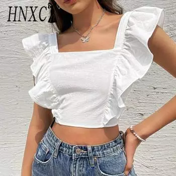 HNXC женские модные повседневные летние однотонные блузки и рубашки без рукавов с квадратным воротником и принтом S белый