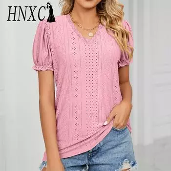 HNXC Женские модные повседневные летние однотонные блузки и рубашки с короткими рукавами и v-образным вырезом с принтом S чёрный
