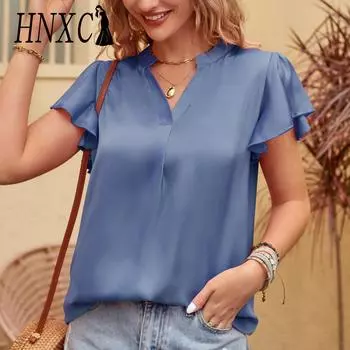 HNXC Женские модные повседневные летние однотонные блузки и рубашки с короткими рукавами и v-образным вырезом с принтом S чёрный