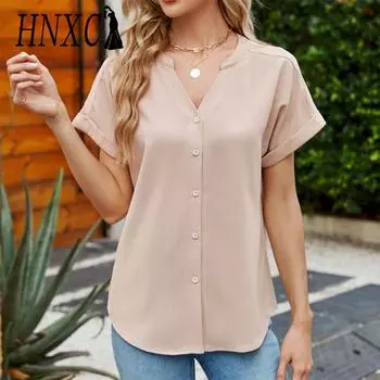 HNXC Женские модные повседневные летние однотонные блузки и рубашки с короткими рукавами и v-образным вырезом с принтом S абрикосовый