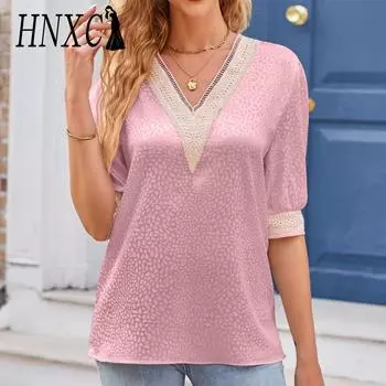HNXC Женские модные повседневные летние однотонные блузки и рубашки с короткими рукавами и v-образным вырезом с принтом S чёрный