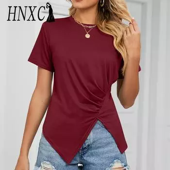 HNXC женские модные повседневные летние однотонные блузки и рубашки с короткими рукавами и круглым вырезом с принтом S белый