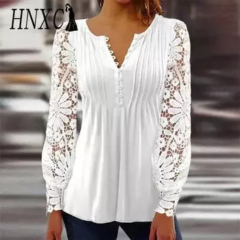 HNXC Женские модные повседневные летние однотонные блузки и рубашки с v-образным вырезом и длинными рукавами с принтом