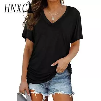 HNXC Женские модные повседневные летние однотонные блузки и рубашки с короткими рукавами и v-образным вырезом с принтом