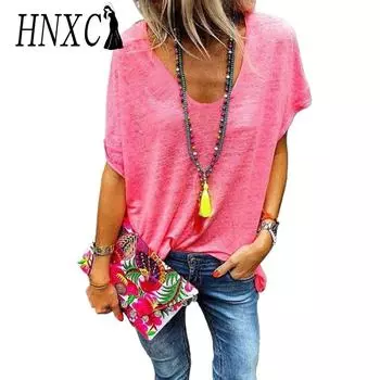 HNXC Женские модные повседневные летние однотонные блузки и рубашки с короткими рукавами и v-образным вырезом с принтом S чёрный