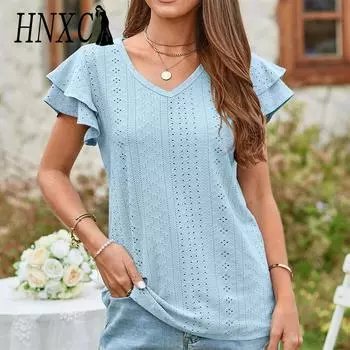 HNXC Женские модные повседневные летние однотонные блузки и рубашки с короткими рукавами и v-образным вырезом с принтом S розовый