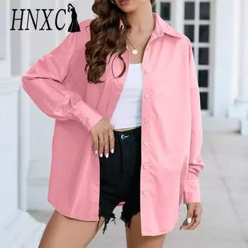 HNXC Женские модные повседневные летние однотонные блузки и рубашки с длинными рукавами и воротником-поло с принтом S оранжевый