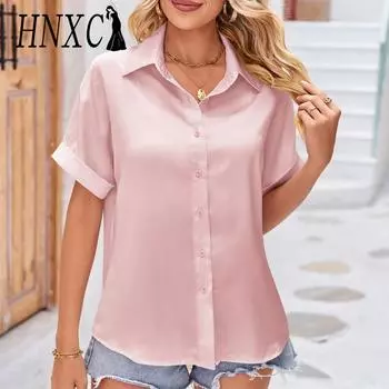 HNXC Женские модные повседневные летние однотонные блузки и рубашки с короткими рукавами и воротником-поло с принтом S чёрный