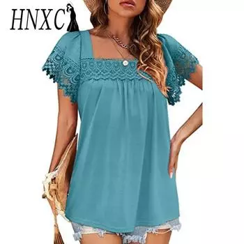 HNXC женские модные повседневные летние однотонные блузки и рубашки с короткими рукавами и квадратным воротником с принтом S белый