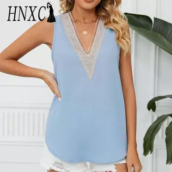 HNXC женские модные повседневные летние однотонные блузки и рубашки без рукавов с v-образным вырезом и принтом S белый