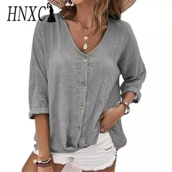 HNXC Женские модные повседневные летние однотонные блузки и рубашки с v-образным вырезом и длинными рукавами с принтом