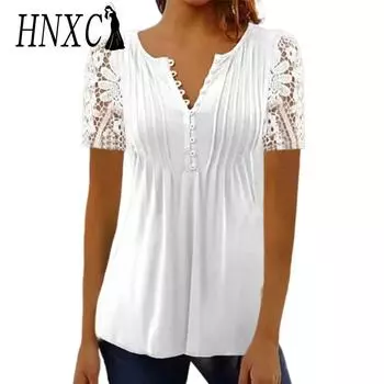 HNXC Женские модные повседневные летние однотонные блузки и рубашки с короткими рукавами и v-образным вырезом с принтом S белый