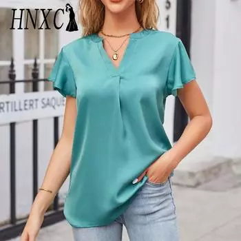 HNXC Женские модные повседневные летние однотонные блузки и рубашки с короткими рукавами и v-образным вырезом с принтом S чёрный