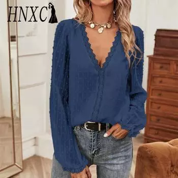 HNXC Женские модные повседневные летние однотонные блузки и рубашки с v-образным вырезом и длинными рукавами с принтом S белый